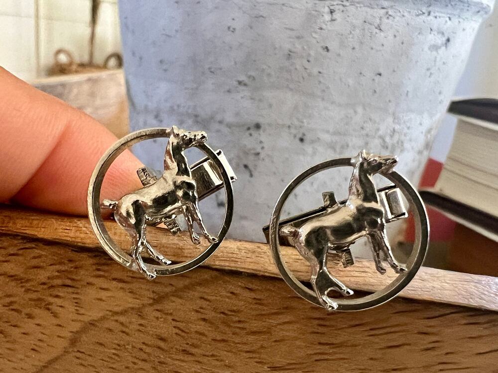 Vintage Horse Cufflinks Silver Equestrian Kentucky Derby Mens Jewelry Gift
